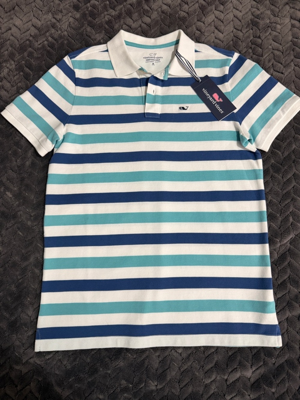 Vineyard Vines White, Blue & Aqua Striped Polo Boys Medium